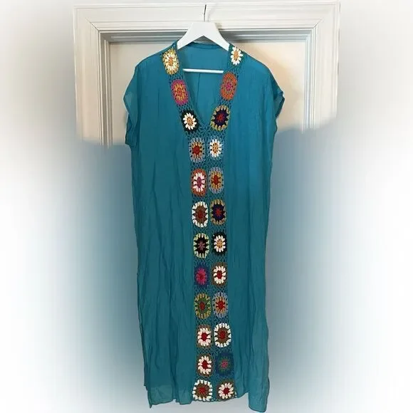 Turquoise maxi coverup with granny squares. One Size. - Picture 1 of 7